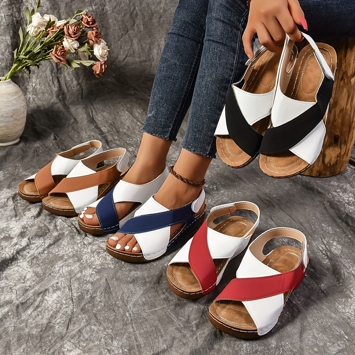 OrthoWay |  cross sandalen met contrasterende kleuren, OrthoWay